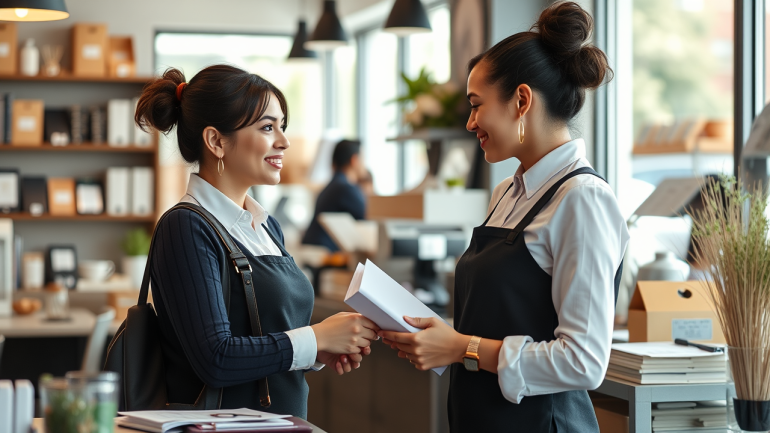 Two women discussing in a store.
